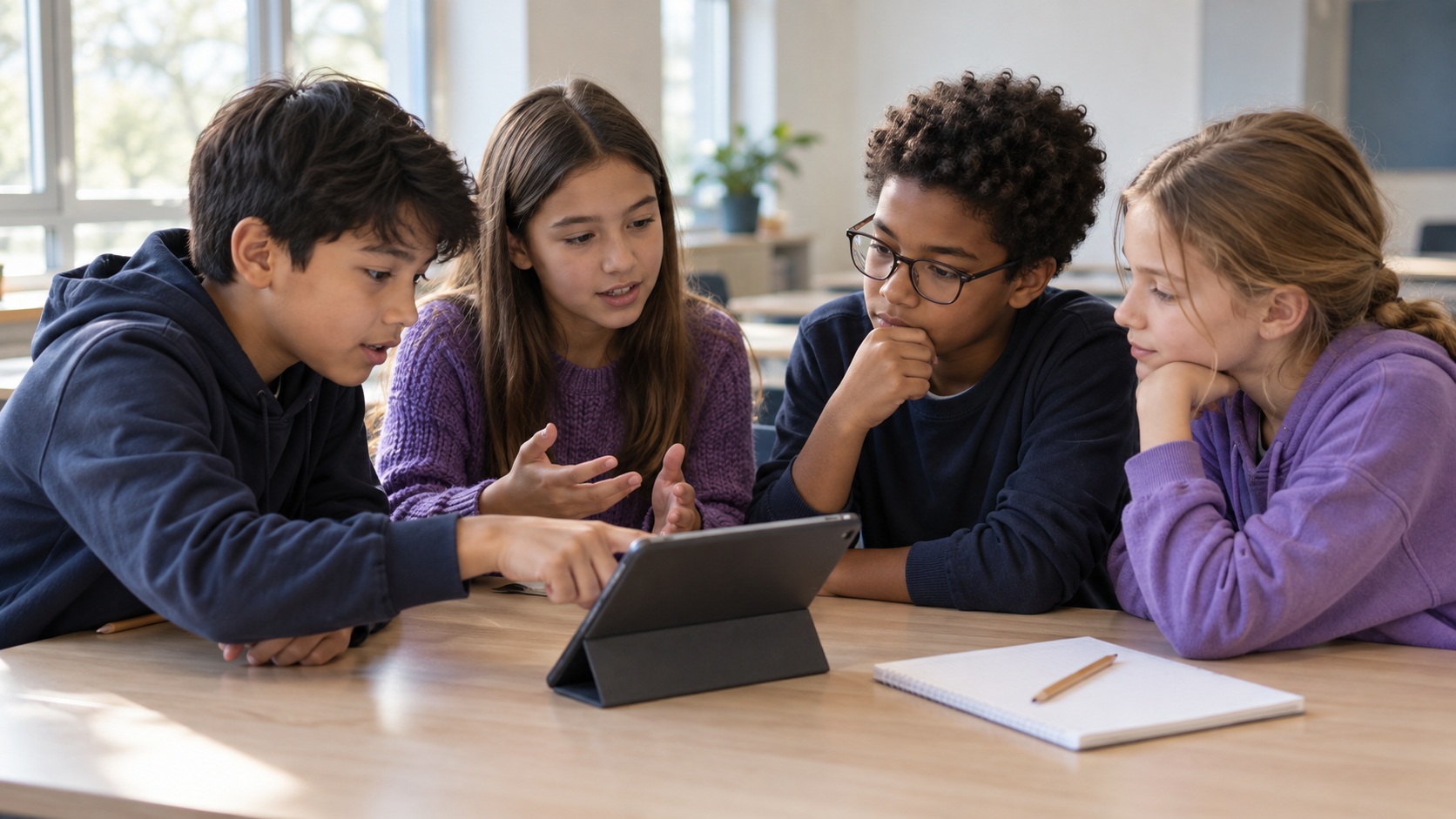 Students collaborating together in a classroom activity.