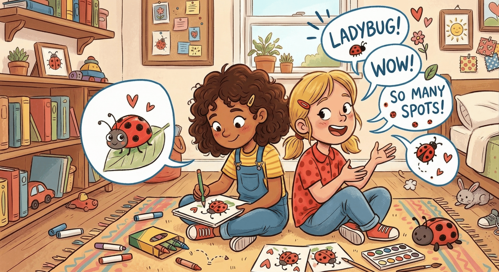 two girls sitting back-to-back. one girl is drawing a picture of a ladybug, while the other girl has word bubbles describing ladybugs around her. they are surrounded by art supplies