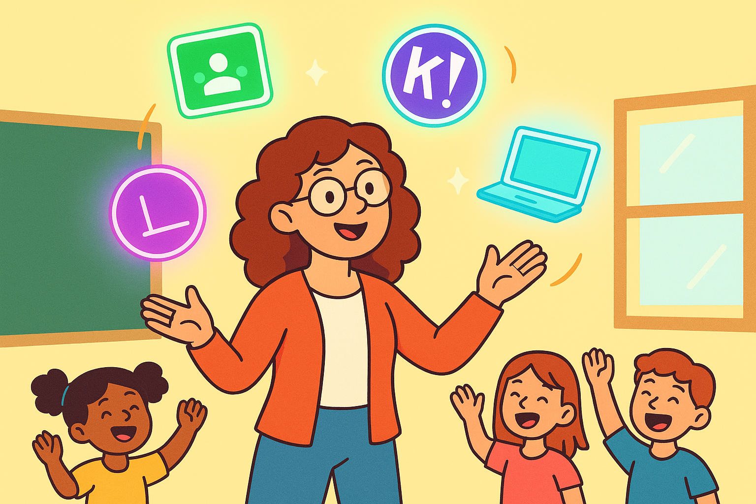 Teacher juggling a wide range of tech tools in an engaged elementary classroom.