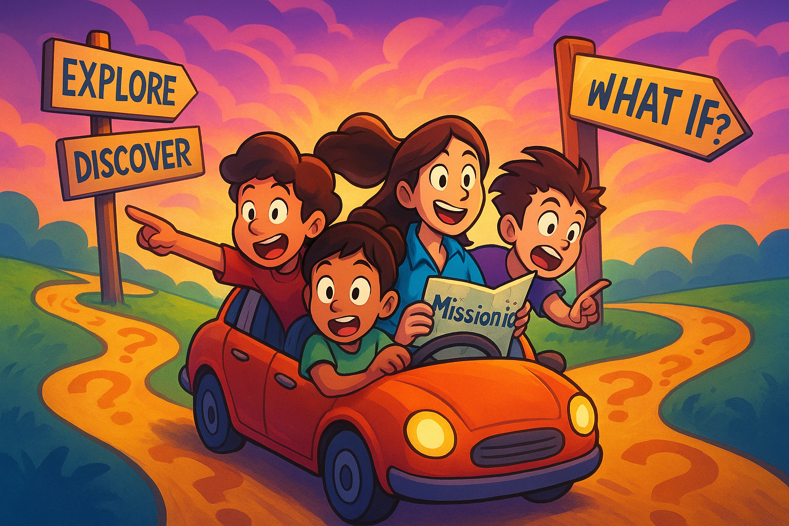 Students and a teacher are on a journey in a car as they travel the metaphorical road of inquiry based learning.