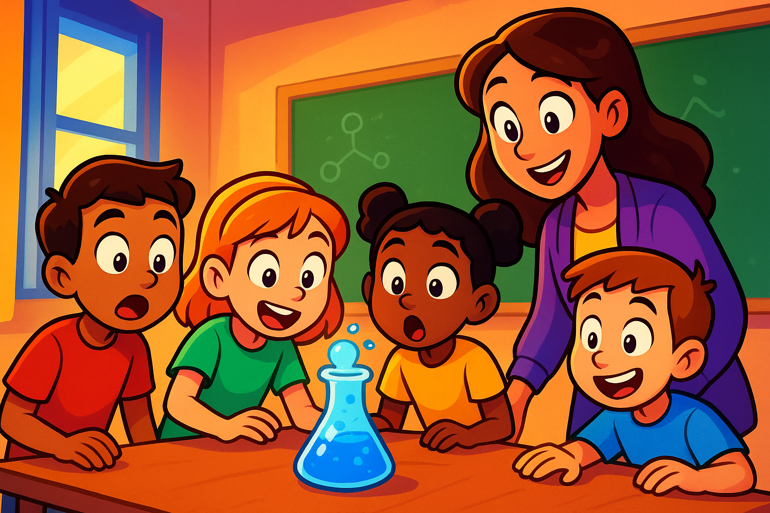 Students stare intensely at a science experiment with looks of excitement and engagement on their faces.