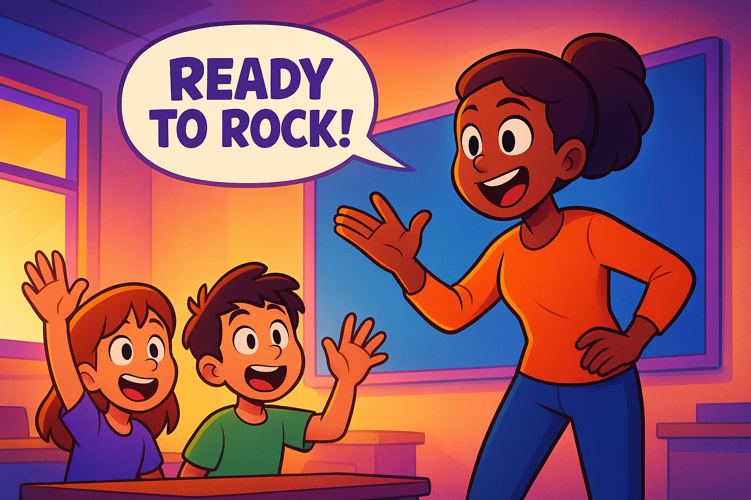 Cartoon illustration of an enthusiastic teacher and two elementary students raising their hands in a brightly lit classroom, with a speech bubble saying Ready to Rock!